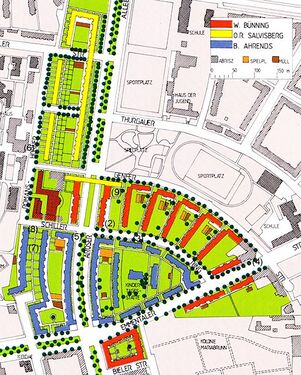 Weiße Stadt: identificación de los bloques de viviendas con los arquitectos que los proyectaron.