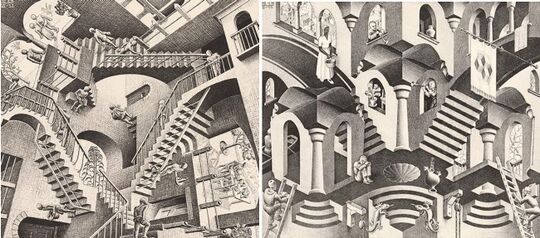 09. Litografías de Escher: La casa de las escaleras (1951), Relatividad (1953) y Convexo y Cóncavo (1955)