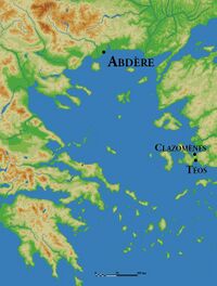 Ubicación relativa de Clazómenes, la vecina Teos y su colonia Abdera.