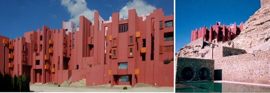 13. Vista frontal y actual de la Muralla Roja (2007) y de época desde el Club Social (web-Bofill)