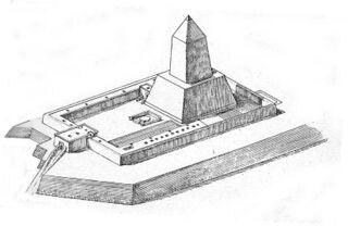 Dibujo del Templo Solar de Niuserra-Iny, en Abusir. L'archéologie égyptienne, Gaston Maspero, 1907.